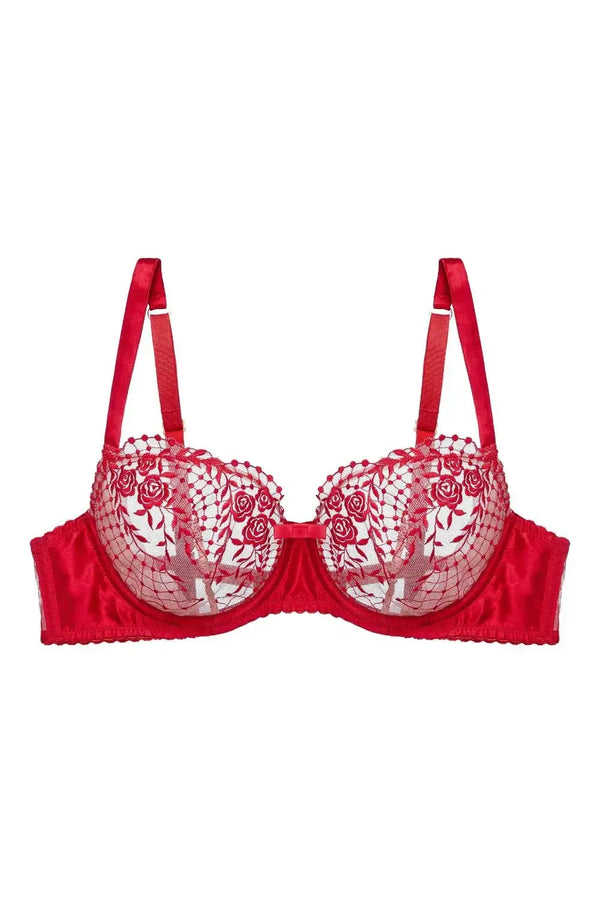 Dita Von Teese Julie's Roses red sheer mesh unlined bra with embroidered roses and satin band.