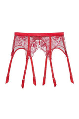 Dita Von Teese Julie's Roses sheer red suspender belt with embroidered roses and satin waistband.