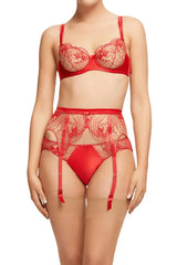 Dita Von Teese Julie's Roses red sheer suspender belt with embroidered roses and satin details.