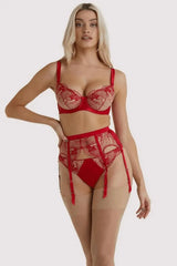 Dita Von Teese Julie's Roses red sheer suspender belt with embroidered roses, satin, and adjustable straps.
