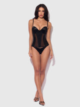 House of Desire Queen Juliet Satin & Mesh Plunge Underwire Corset Black