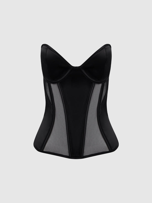 House of Desire Juliet Satin & Mesh Plunge Underwire Corset Black
