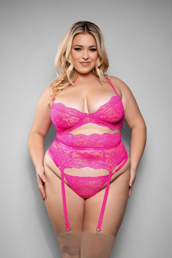 Fantasy Lingerie Queen Juliette Lace Gartered Bra Set Neon Pink