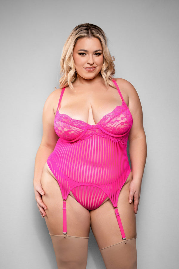 Fantasy Lingerie Queen Juliette Striped Gartered Bustier Set Neon Pink
