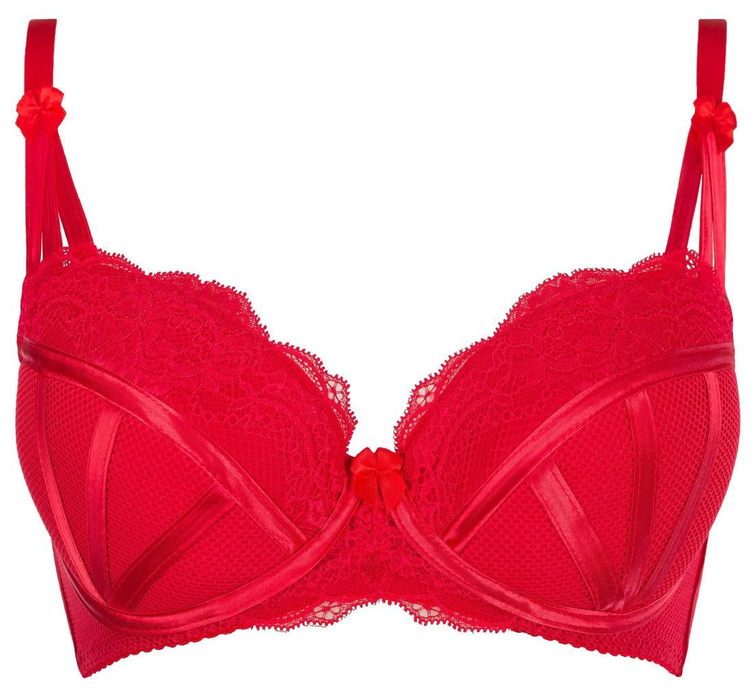 Captivating red Karida push-up bra with delicate tulle, elegant lace, and satin ribbon details.