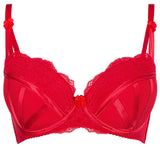 Captivating red Karida push-up bra with delicate tulle, elegant lace, and satin ribbon details.