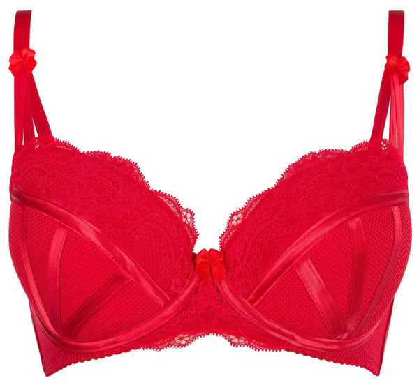 Captivating red Karida push-up bra with delicate tulle, elegant lace, and satin ribbon details.