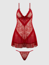 House of Desire Queen Kiki Lace Babydoll Set Crimson Red