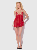 House of Desire Kiki Lace & Faux Leather Drop Off Babydoll Barbados Cherry Red
