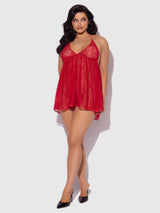 House of Desire Kiki Lace & Faux Leather Drop Off Babydoll Barbados Cherry Red