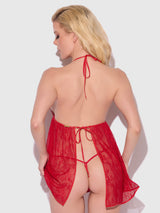House of Desire Kiki Lace & Faux Leather Drop Off Babydoll Barbados Cherry Red