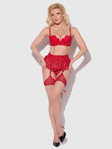 House of Desire Kiki Lace & Faux Leather Skirted Garter Belt Barbados Cherry Red