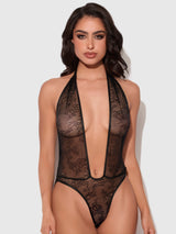 House of Desire Queen Kiki Lace Plunge Halter Teddy Black