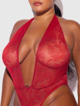 Kiki Lace Plunge Halter Teddy Crimson Red