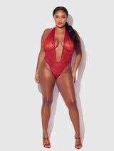 Kiki Lace Plunge Halter Teddy Crimson Red