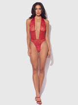House of Desire Queen Kiki Lace Plunge Halter Teddy Crimson Red