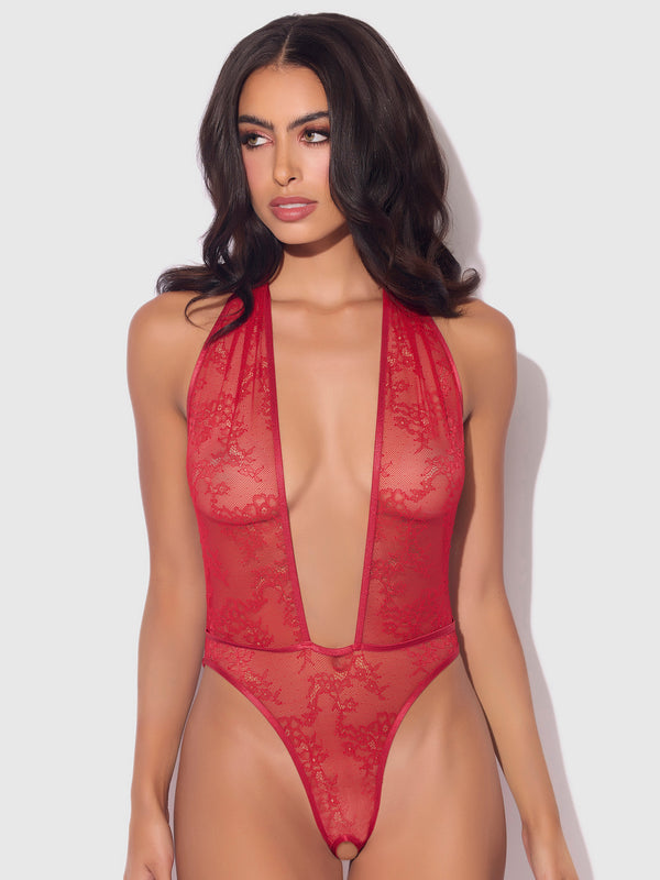 House of Desire Kiki Lace Plunge Halter Teddy Crimson Red