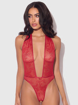 House of Desire Queen Kiki Lace Plunge Halter Teddy Crimson Red
