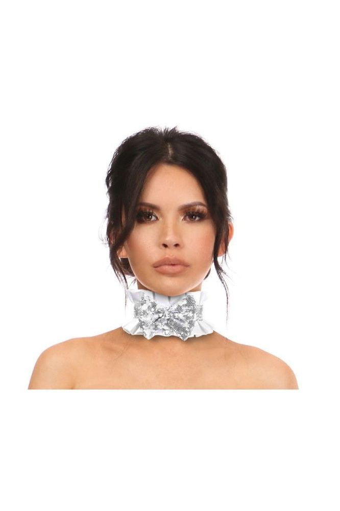 Kitten Collection White/Silver Satin & Sequin Choker - Daisy Corsets