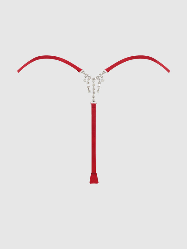 House of Desire Krystal Satin G-String Rhinestone Fringes On Back Red