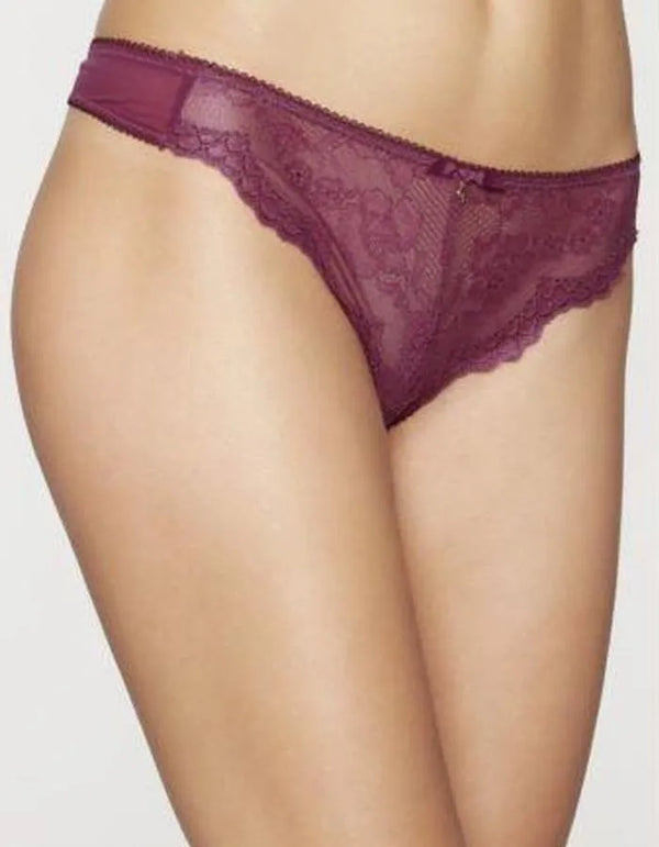 Stunning plum Lace Foil Thong Panty with delicate lace design, fine mesh back, and golden Gossard 'G' detail.