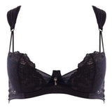 Seductive black Lauren bra with free bridge, delicate tulle, noble lace, and a charming key detail.