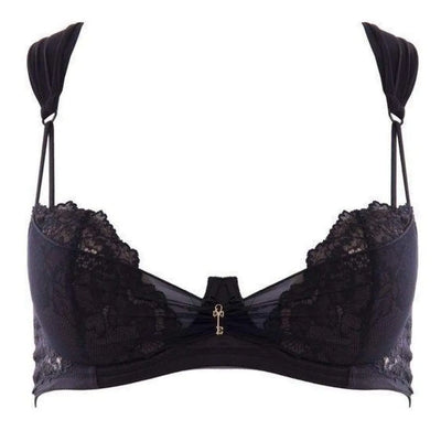 Seductive black Lauren bra with free bridge, delicate tulle, noble lace, and a charming key detail.