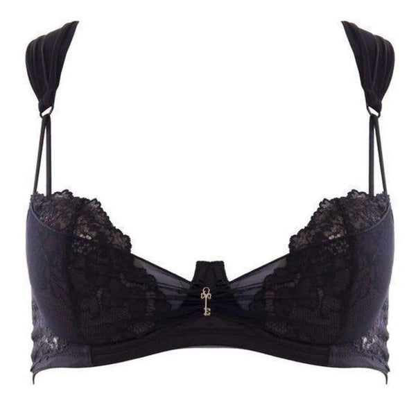 Seductive black Lauren bra with free bridge, delicate tulle, noble lace, and a charming key detail.