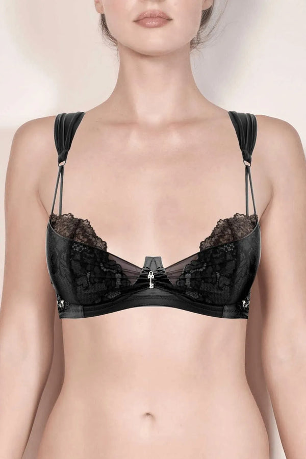 Seductive black Lauren bra with free bridge, delicate lace, fine tulle, and wide, comfortable straps.