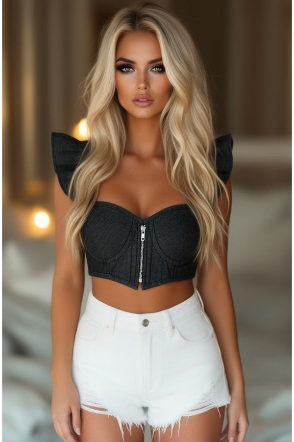 Daisy Corsets Lavish Black Denim Underwire Bustier Top w/Removable Ruffle Sleeves