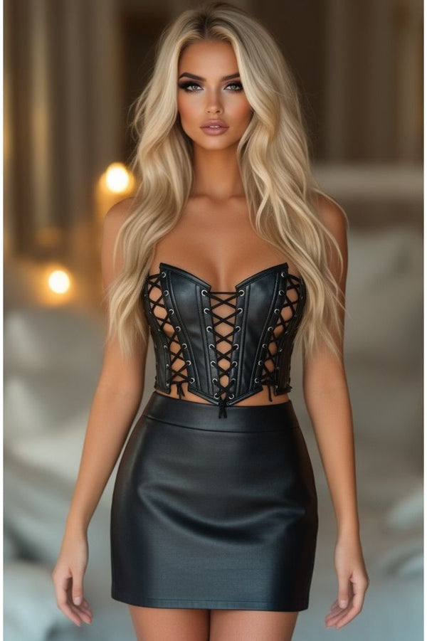 Daisy Corsets Lavish Black Faux Leather w/Black Lacing Lace-Up Bustier