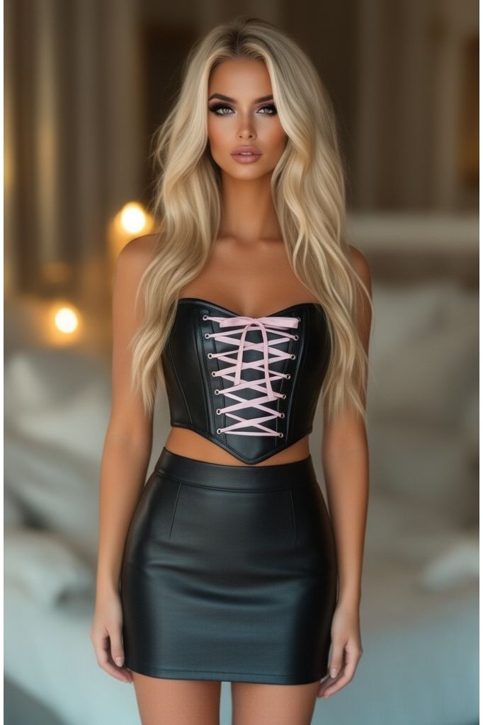 Daisy Corsets Lavish Black Faux Leather w/Pink Lace-Up Bustier