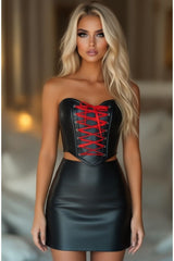 Daisy Corsets Lavish Black Faux Leather w/Red Lace-Up Bustier