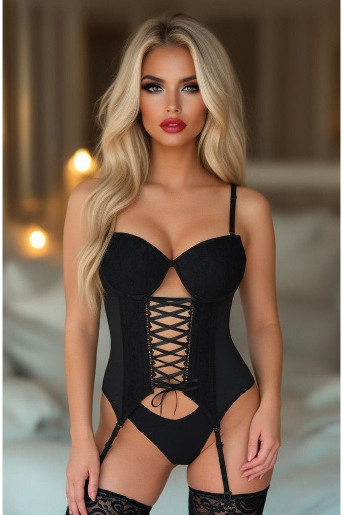 Daisy Corsets Lavish Black Lycra & Lace Hook & Eye Lace-Up Bustier Corset w/Garters