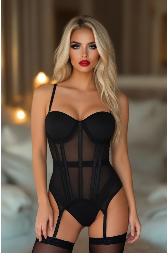 Daisy Corsets Lavish Black Mesh Underwire Bustier Corset w/Garters