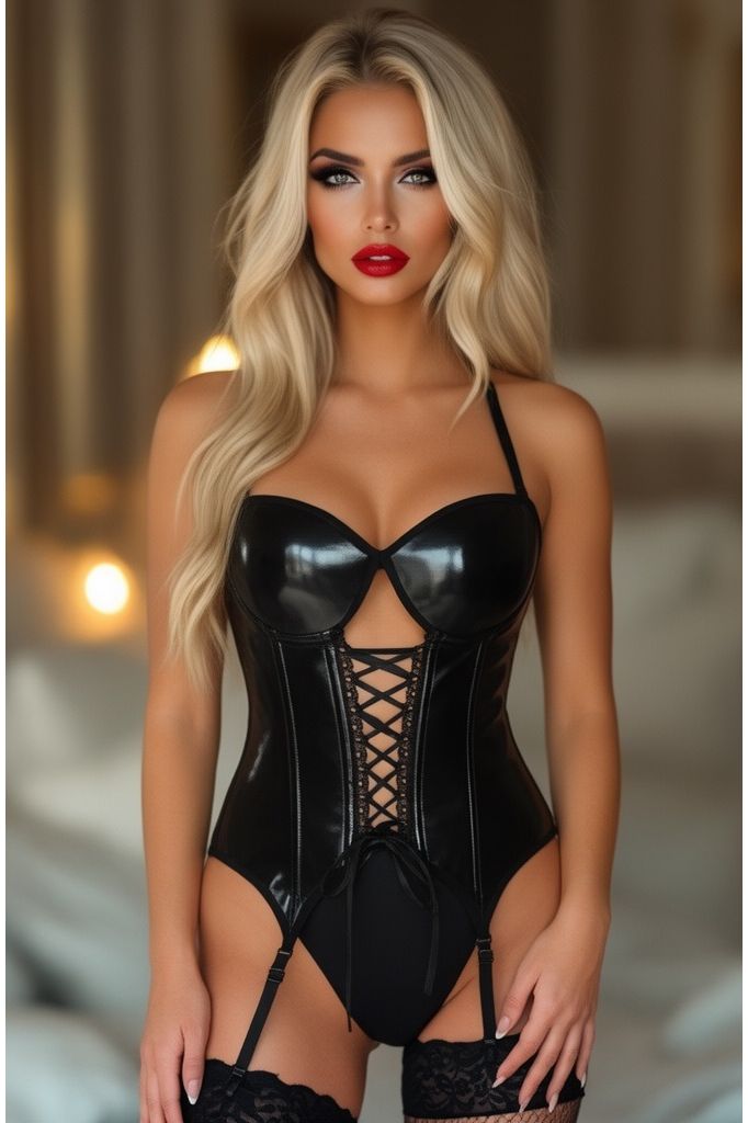 Daisy Corsets Lavish Black Patent Vinyl Hook & Eye Lace-Up Bustier Corset w/Garters