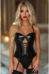Daisy Corsets Lavish Black Patent Vinyl Hook & Eye Lace-Up Bustier Corset w/Garters
