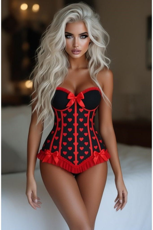 Daisy Corsets Lavish Black & Red Hearts Lycra Hook & Eye Back Closure Bustier