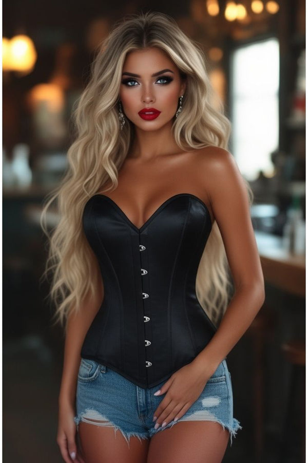 Daisy Corsets Lavish Black Satin Overbust Corset Sweetheart Neckline Busk Closure
