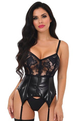 Lavish Black Wet Look & Lace Bustier Corset w/Garters - Daisy Corsets