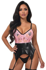 Daisy Corsets Lavish Black/Pink Wet Look & Lace Bustier Corset w/Garters