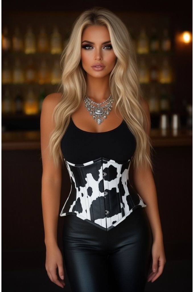 Daisy Corsets Lavish Black/White Cow Print Faux Leather Underbust Mini Cincher Corset Top