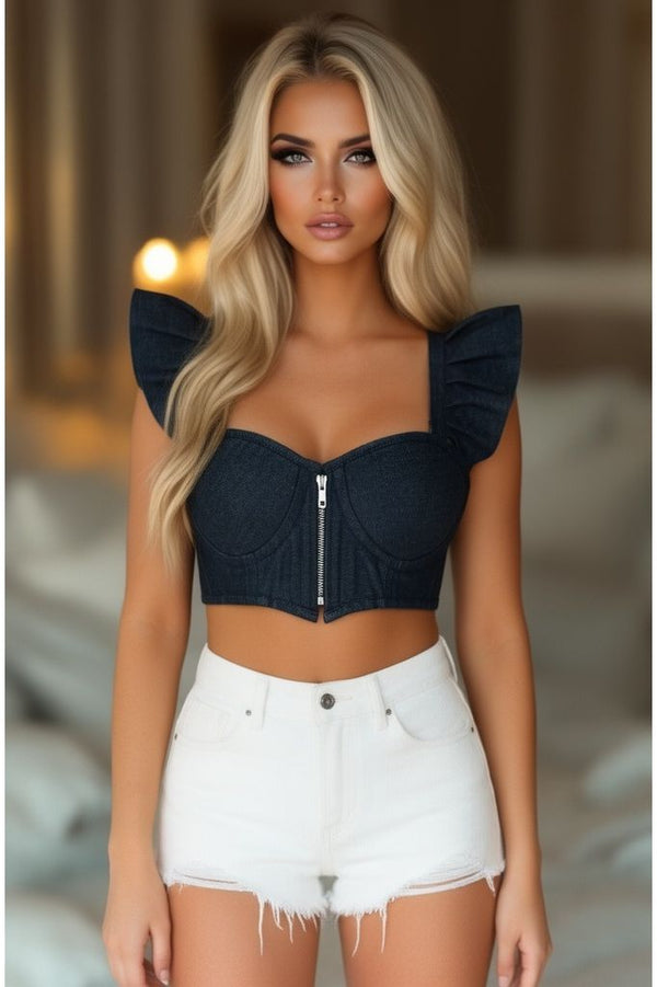 Daisy Corsets Lavish Dark Blue Denim Underwire Bustier Top w/Removable Ruffle Sleeves