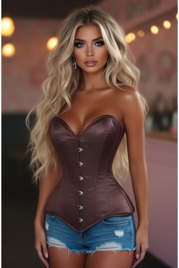 Daisy Corsets Lavish Dark Brown Satin Overbust Corset Sweetheart Neckline Busk Closure
