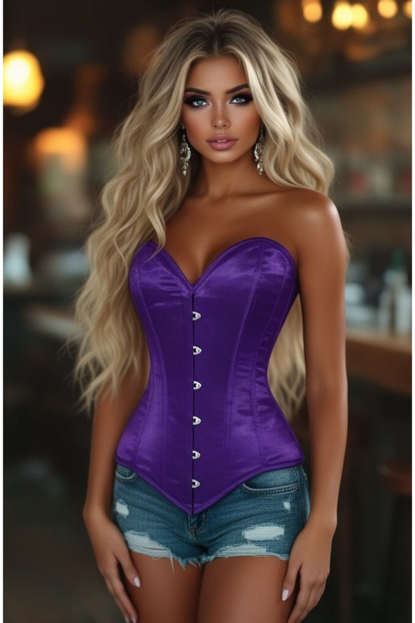 Daisy Corsets Lavish Dark Purple Satin Overbust Corset Sweetheart Neckline Busk Closure