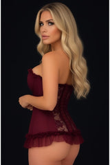 Daisy Corsets Lavish Dark Red Wine Lycra & Lace Hook & Eye Stretch Bustier Corset