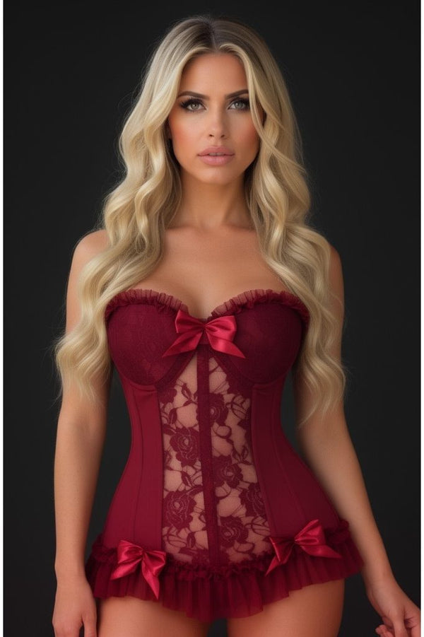 Daisy Corsets Lavish Dark Red Wine Lycra & Lace Hook & Eye Stretch Bustier Corset