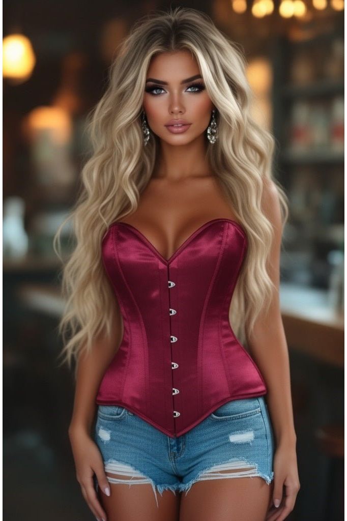 Daisy Corsets Lavish Dark Red Wine Satin Overbust Corset Sweetheart Neckline Busk Closure