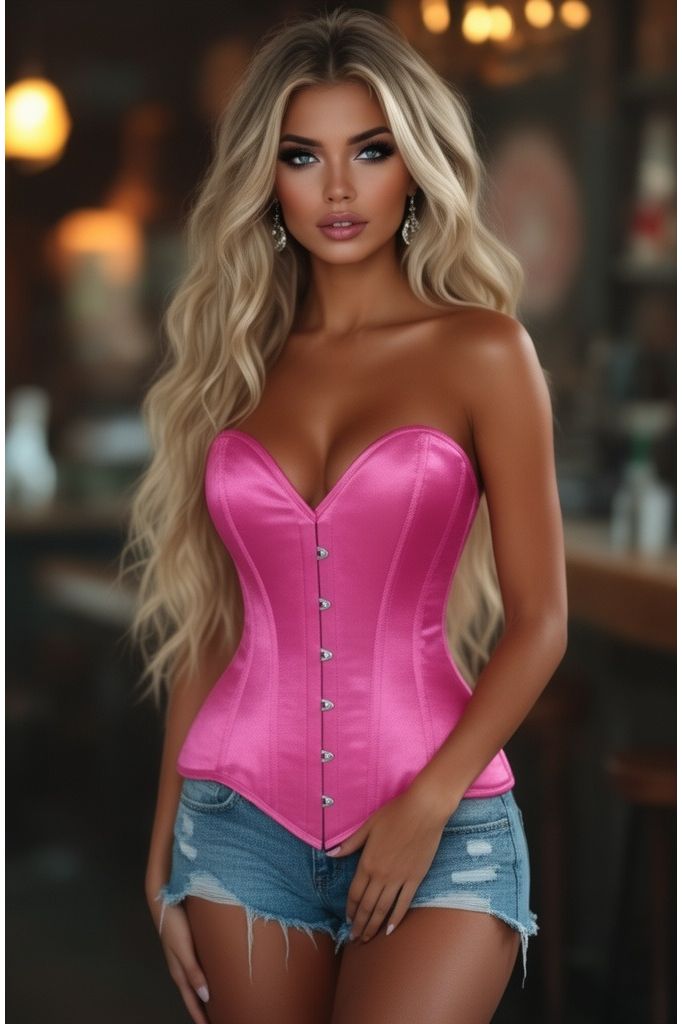 Daisy Corsets Lavish Hot Pink Satin Overbust Corset Sweetheart Neckline Busk Closure