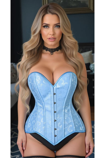 Lavish Lt Blue Brocade Overbust Corset W/Busk Closure - Daisy Corsets